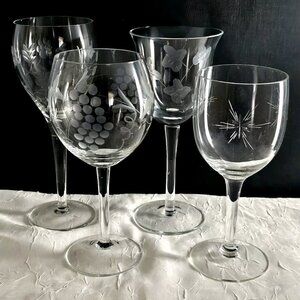 Mismatched Cordials Cocktail Glasses set/4 vtg mixed etched cut glassware party